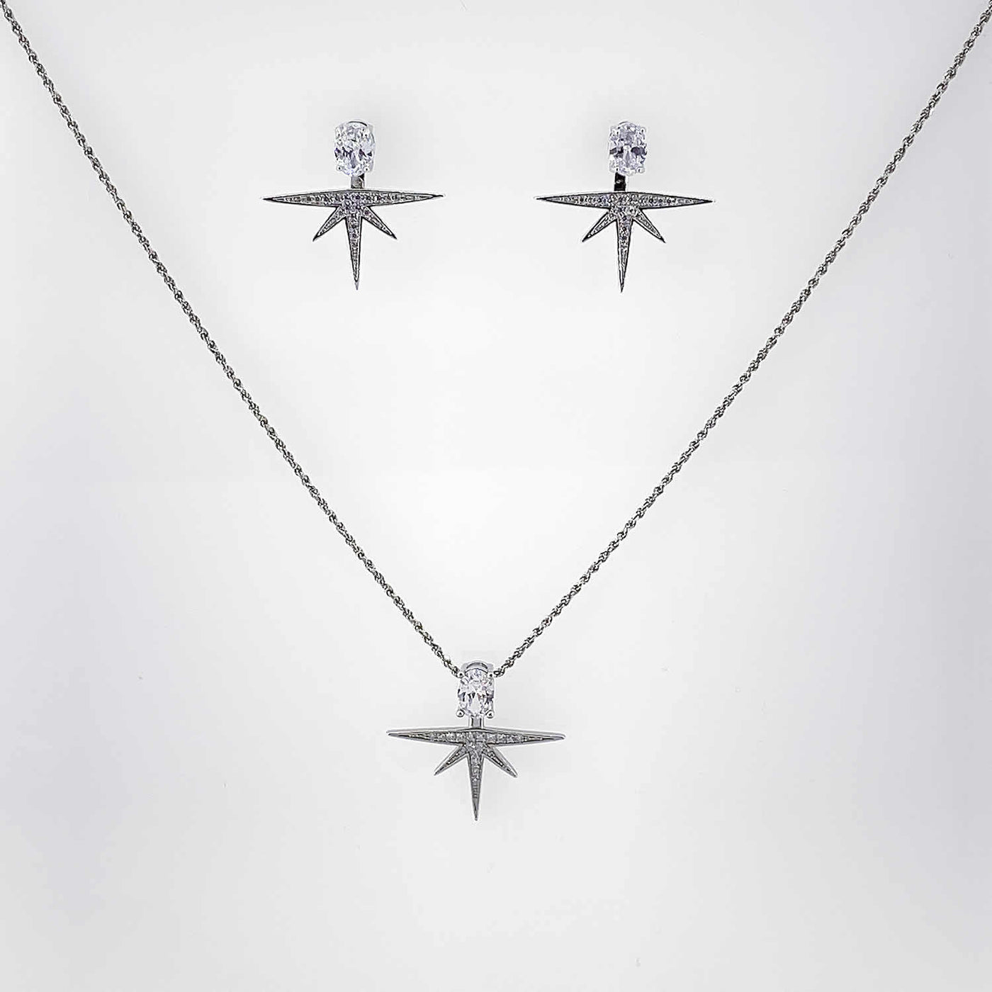 Women's Silver North Star Jacket Earring Necklace set 92.5 Pure Silver with chain