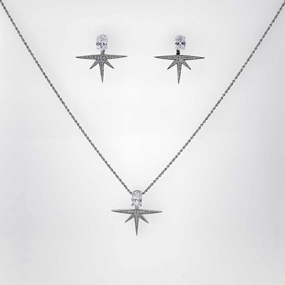 Women's Silver North Star Jacket Earring Necklace set 92.5 Pure Silver with chain