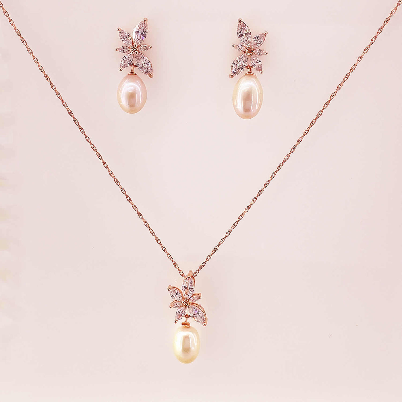 Women's Silver Rose Gold Butterfly Pearl Drop Necklace set 92.5 Pure Silver with chain