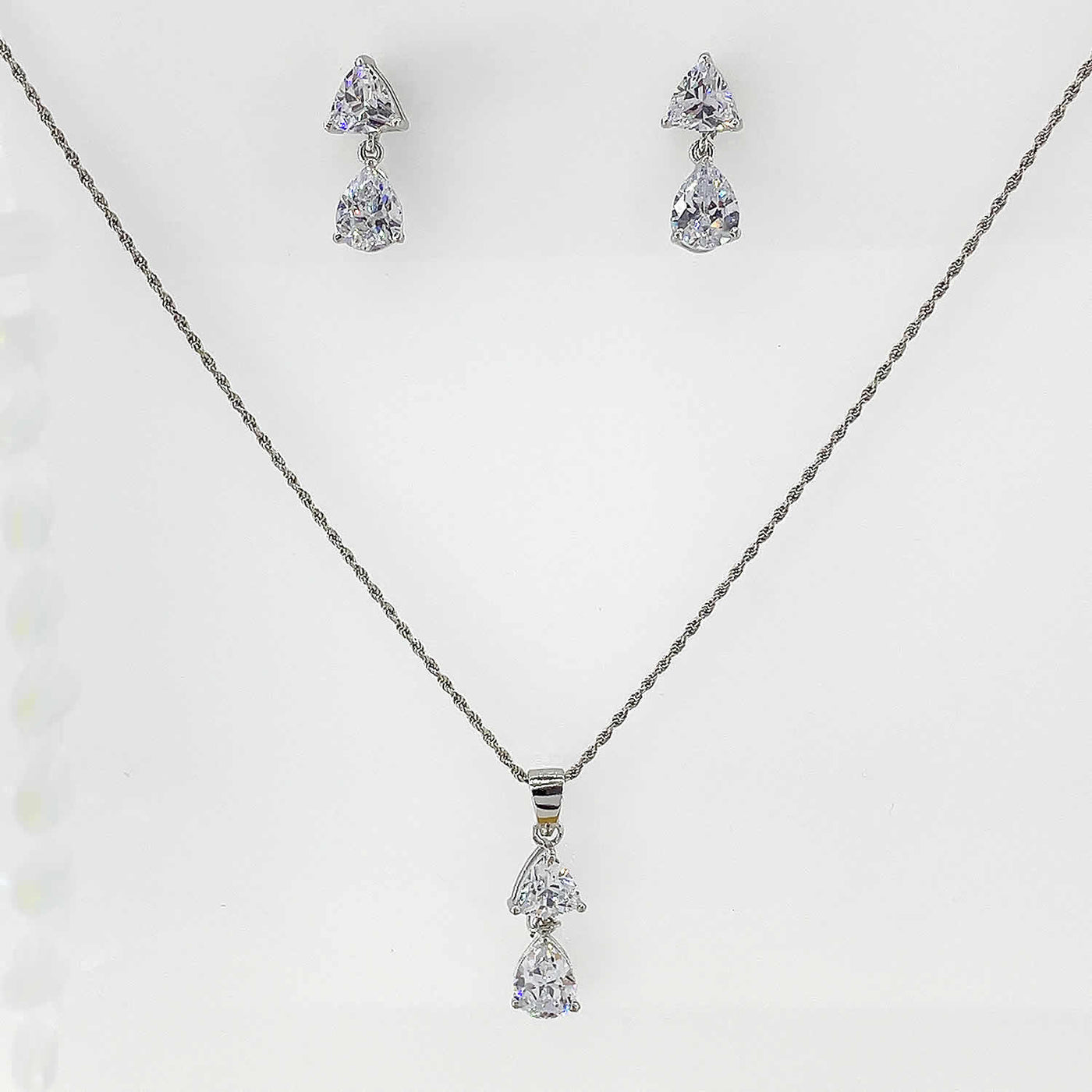 Women's Silver Triangle and Tear Drop Solitaire Dangler Necklace set 92.5 Pure Silver with chain