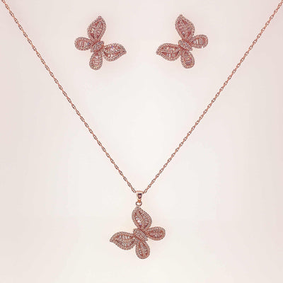 Women's Silver Rose Gold Butterfly Necklace set 92.5 Pure Silver with chain