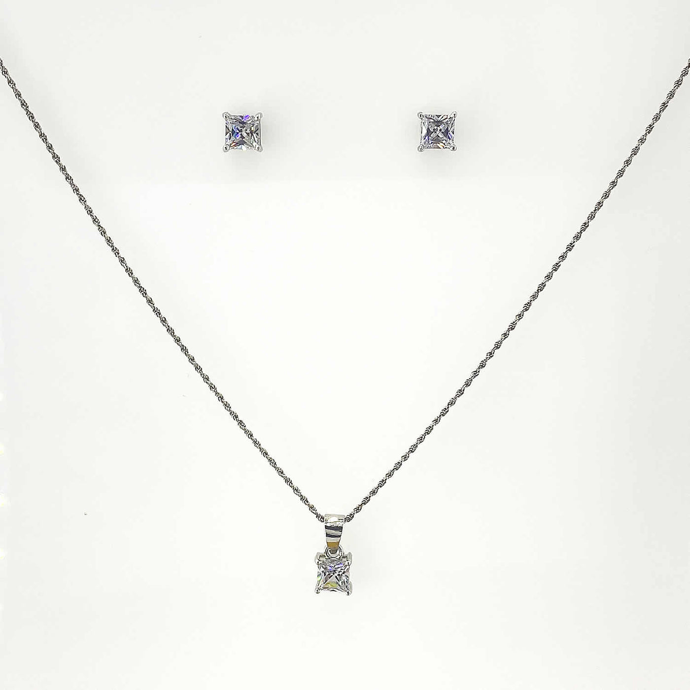 Women's Silver Geometric Square deep cut Solitaire Necklace set 92.5 Pure Silver with chain