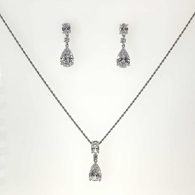 Women's Silver Princess cut and Tear Drop Solitaire Dangler Necklace set 92.5 Pure Silver with chain