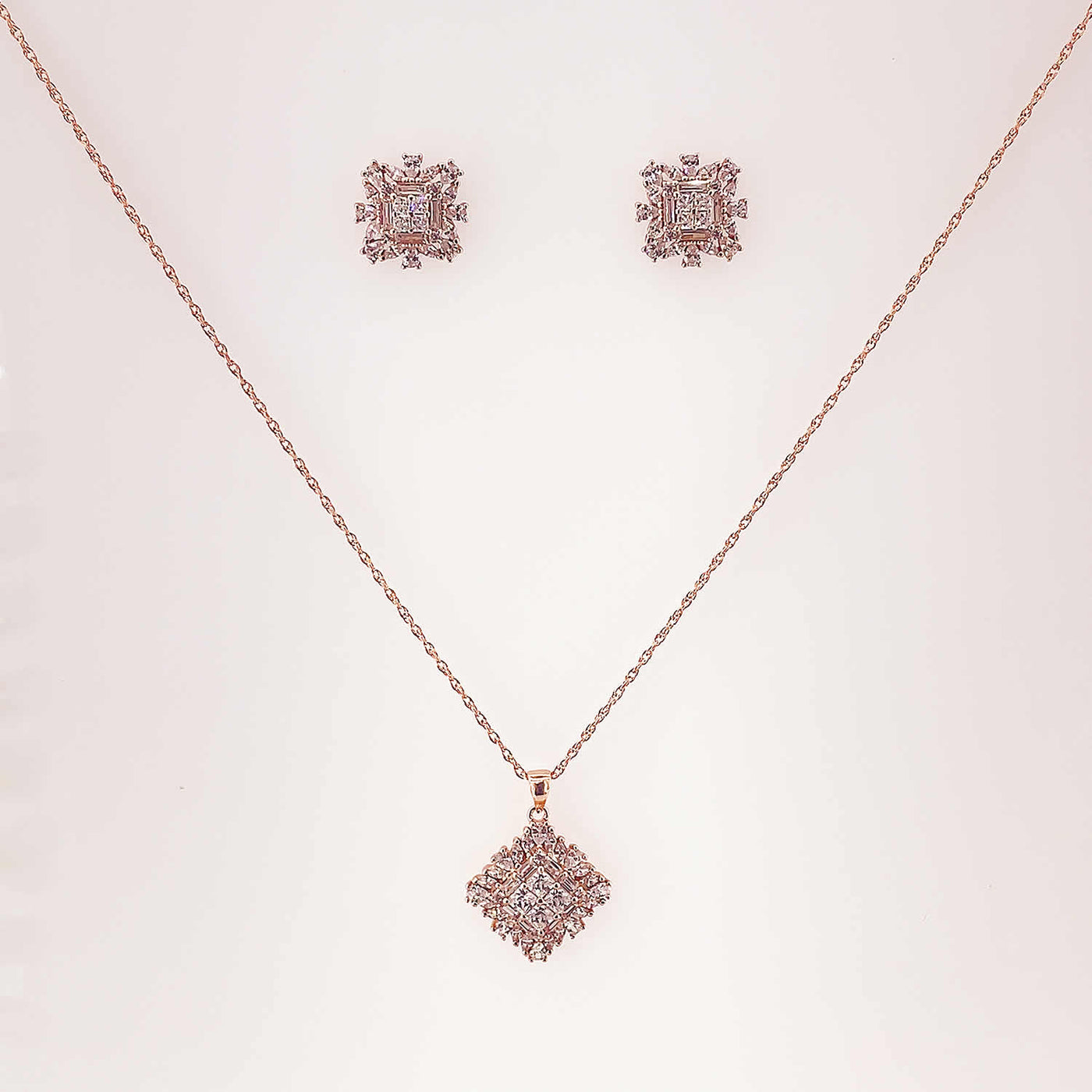 Women's Silver Rose Gold Square Cut Classic Necklace set 92.5 Pure Silver with chain