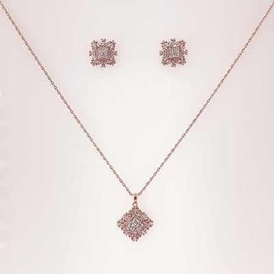 Women's Silver Rose Gold Square Cut Classic Necklace set 92.5 Pure Silver with chain