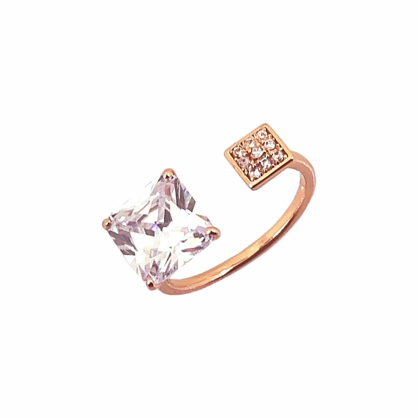 Women's Classy Solitaire Double Square Cocktail Rose Gold Adjustable Open Ring 92.5 purity silver