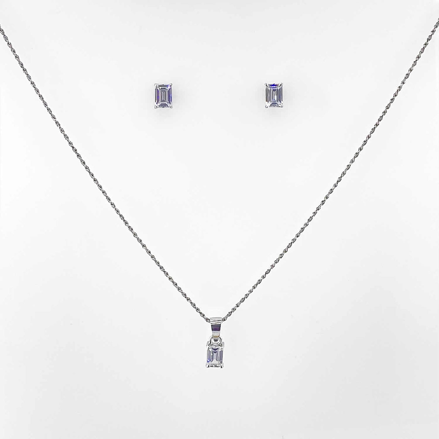 Women's Silver Geometric Rectangle cut Solitaire Necklace set 92.5 Pure Silver with chain