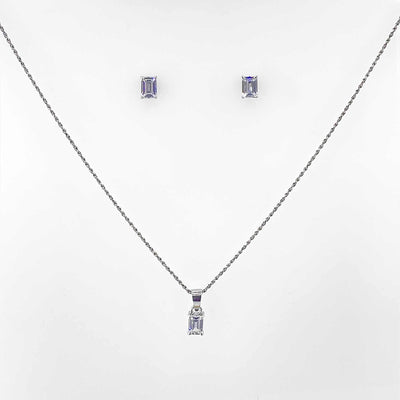 Women's Silver Geometric Rectangle cut Solitaire Necklace set 92.5 Pure Silver with chain