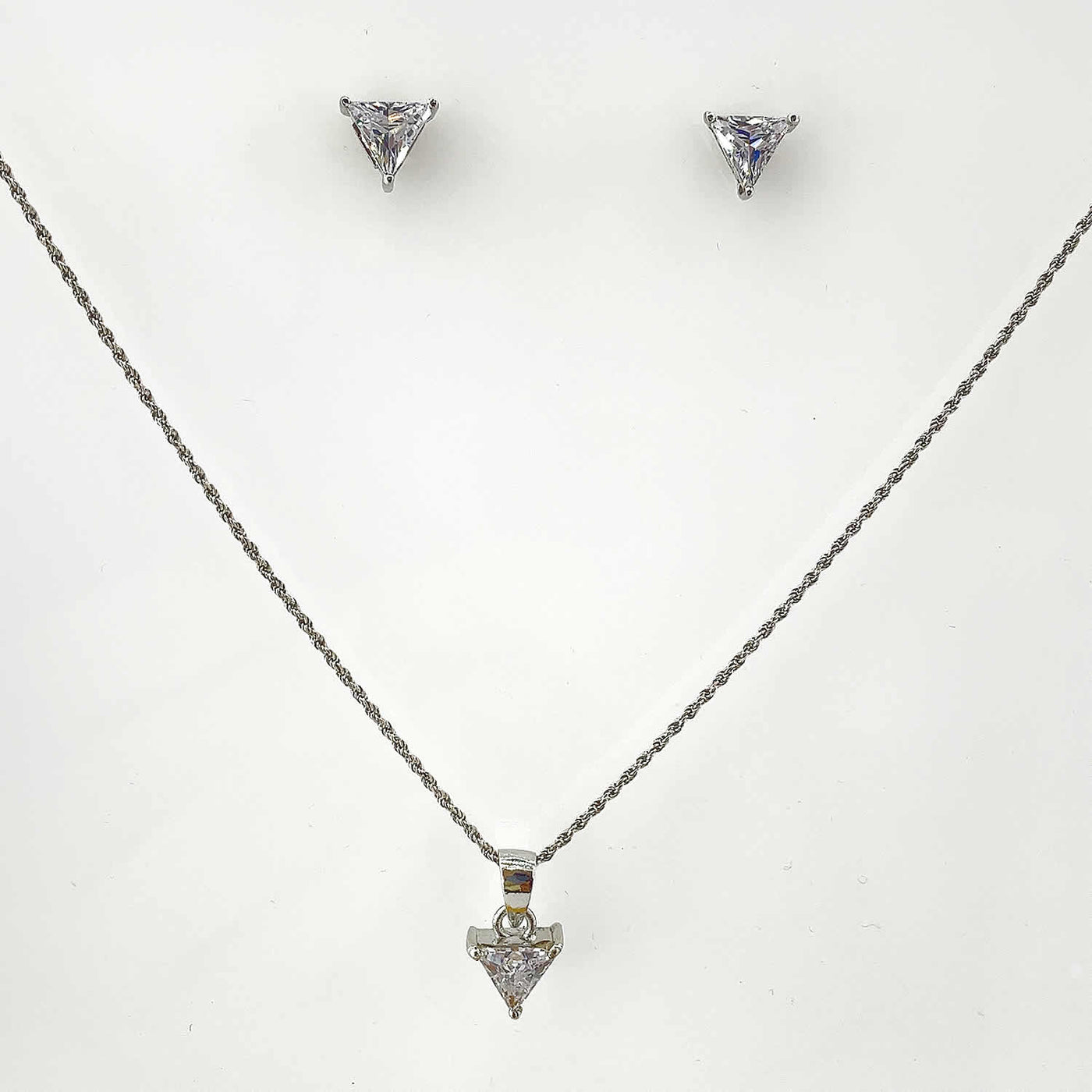 Women's Silver Geometric Triangle cut Solitaire Necklace set 92.5 Pure Silver with chain