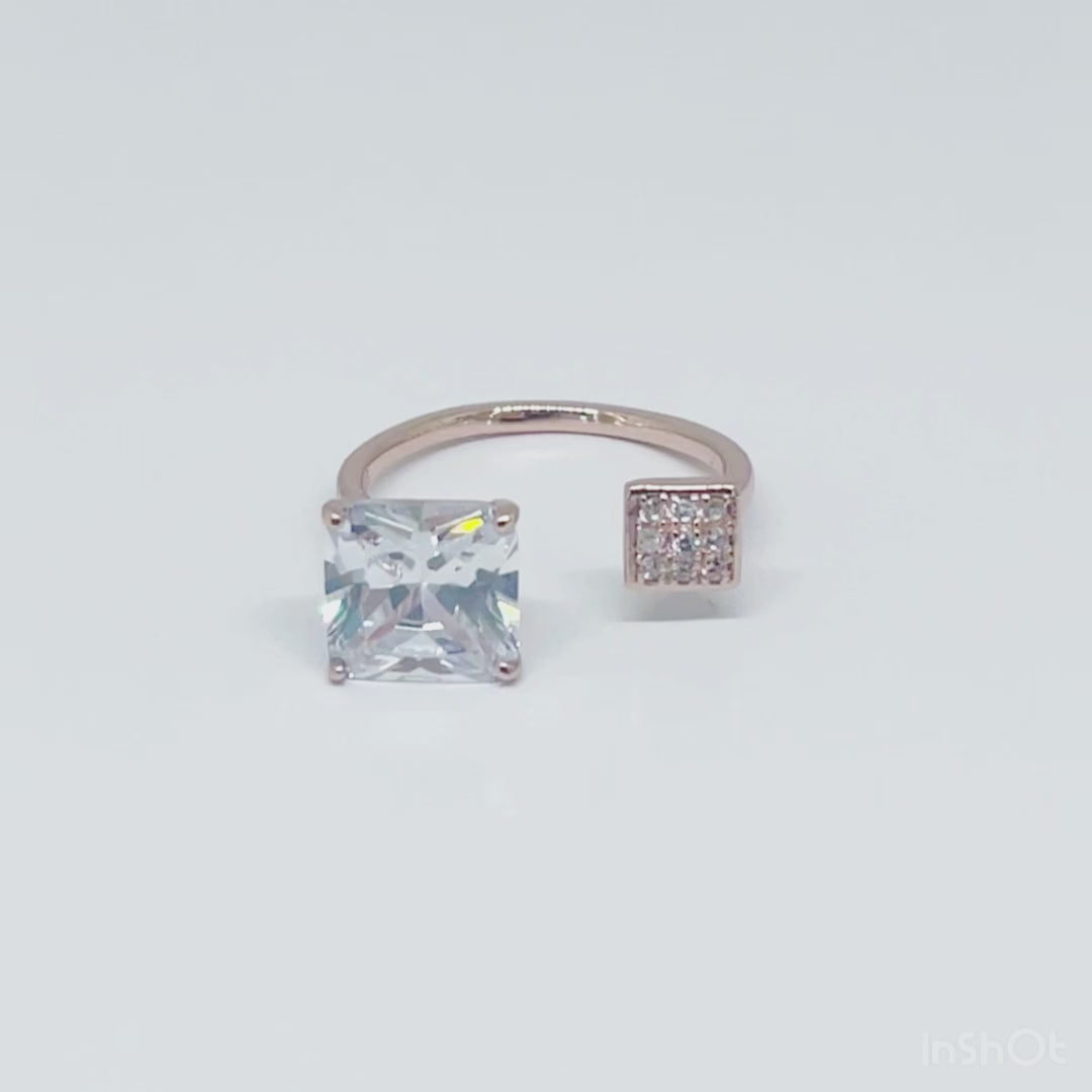 Women's Classy Solitaire Double Square Cocktail Rose Gold Adjustable Open Ring 92.5 purity silver