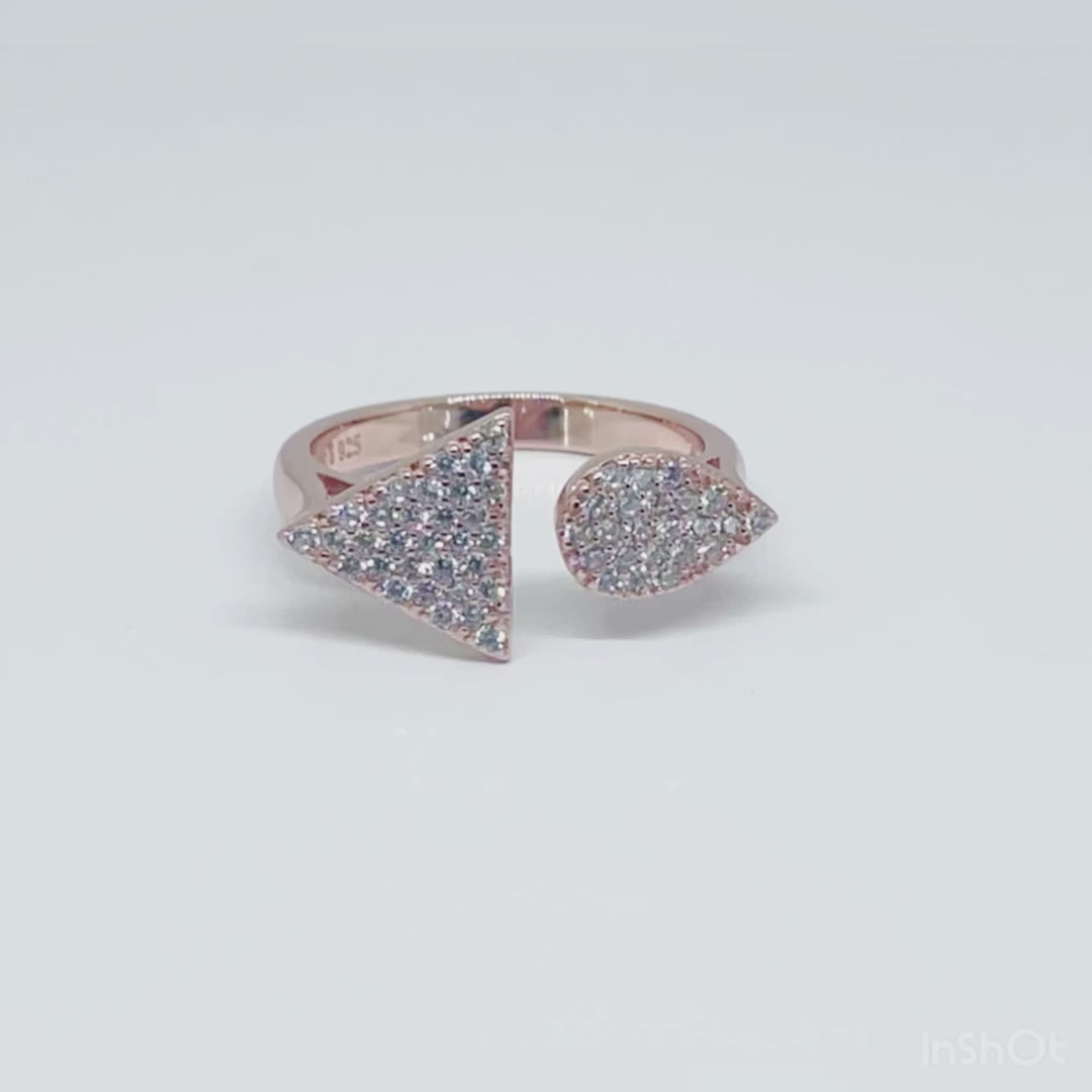 Women's Classy Tear Drop and Triangle Star Cocktail Rose Gold Adjustable Open Ring 92.5 purity silver