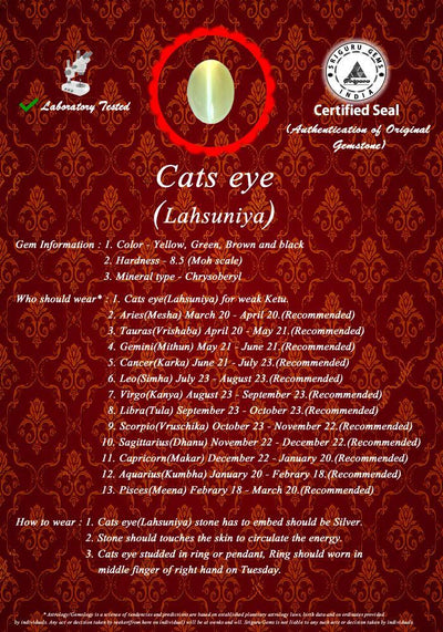 BLUEMONDS Natural Cat's eye sawa ratti size 2.25 ratti to 11.25 ratti Lahsuniya (Certified loose Cat's eye Stone)