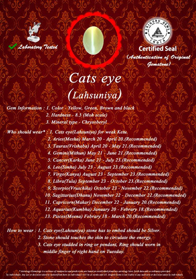 BLUEMONDS Natural Cat's eye all ratti size 2 ratti to 11 ratti Lahsuniya (Certified loose Cat's eye Stone)